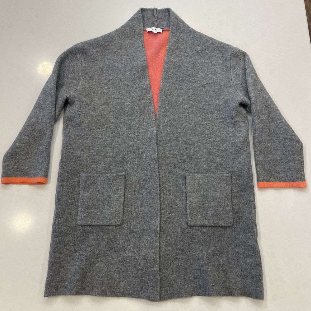 THML Sweater Women XS Gray w/back pink and orange stripe Open Front Cardigan
